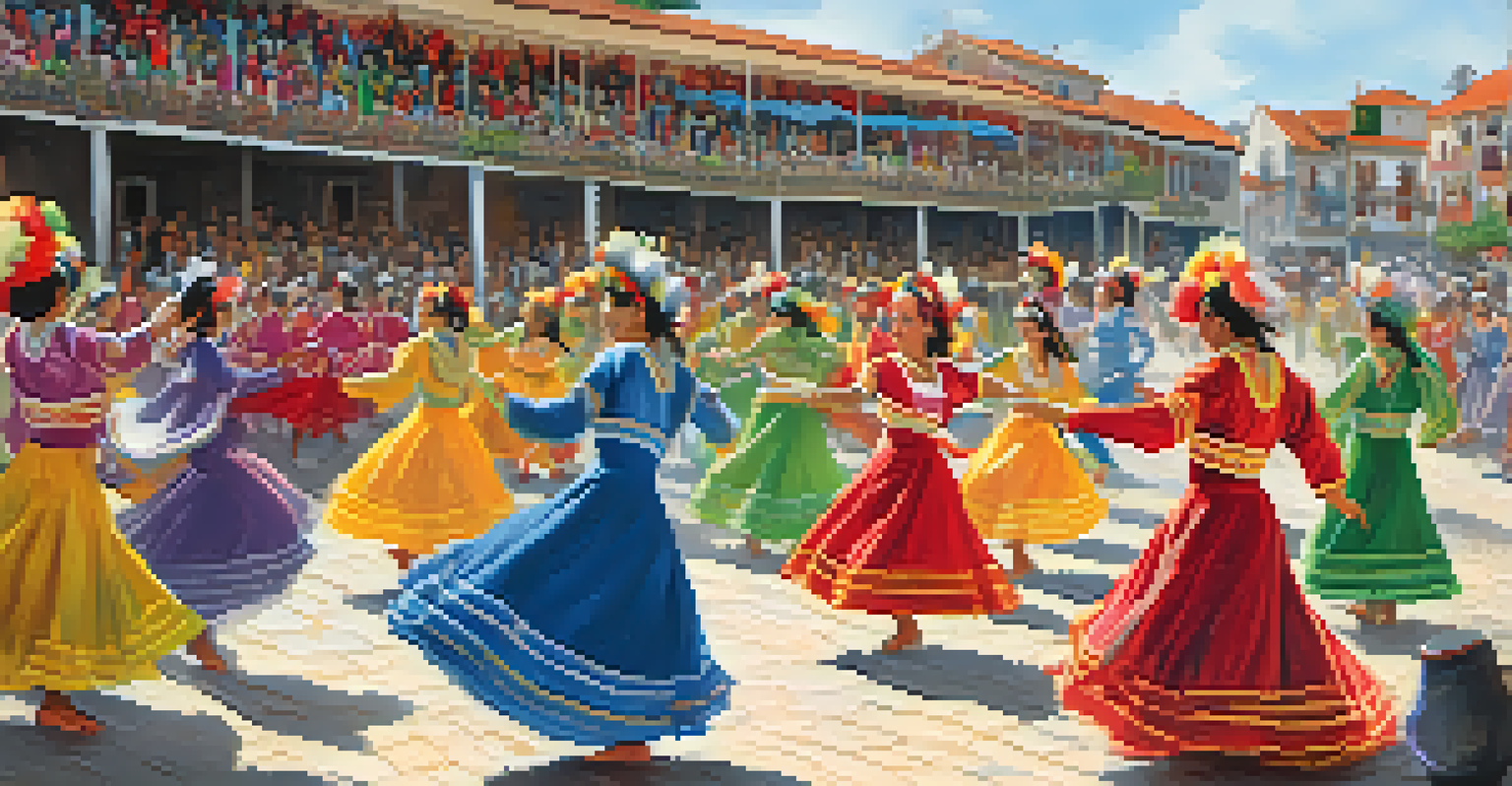 Dancers in colorful costumes performing at the Festa do Círio de Nazaré, surrounded by a lively band, showcasing a joyful celebration of music and dance.