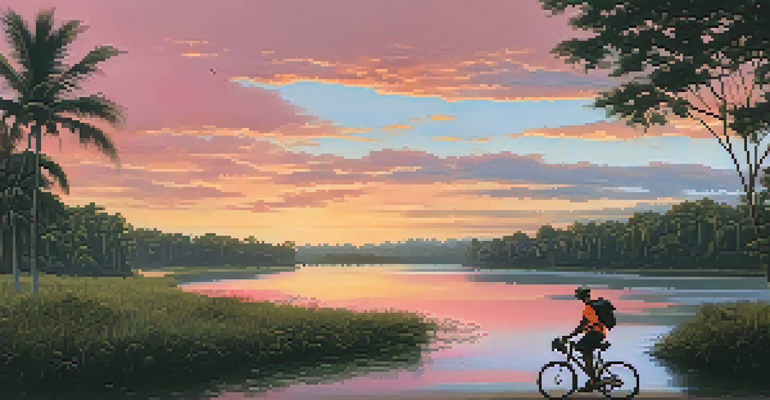 A sunset over the Amazon riverbank, with warm colors reflecting on the water and a cyclist resting nearby.