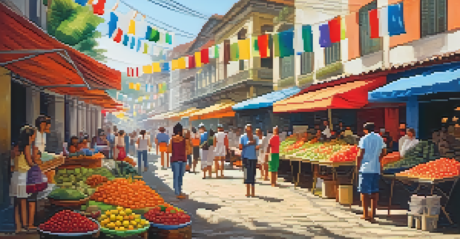 A bustling street market in Brazil with colorful stalls selling fruits and crafts. People are enjoying the lively atmosphere.