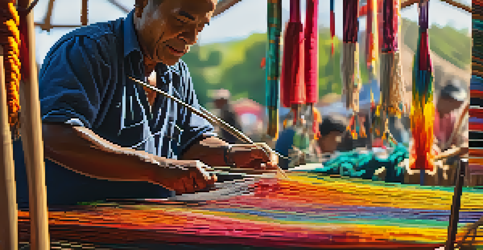 A local artisan weaving colorful textiles at an agricultural fair, with sunlight illuminating the intricate details and the artisan's focused expression.