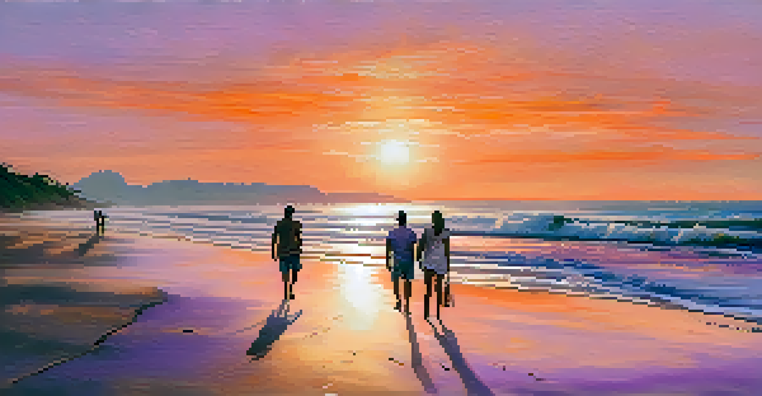 A peaceful sunset at Praia do Amor with a couple walking on the beach, golden sand, and colorful sky reflecting on the water.