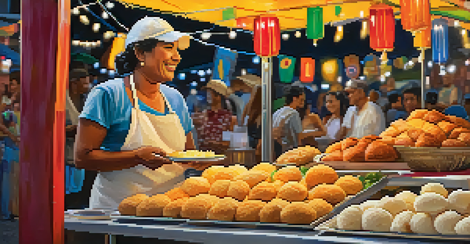 A close-up of a Brazilian food stall displaying traditional street foods like cheese bread and fried coxinha.