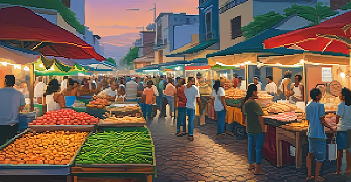 A lively street food market in Salvador, Brazil, with colorful stalls and people enjoying traditional dishes.