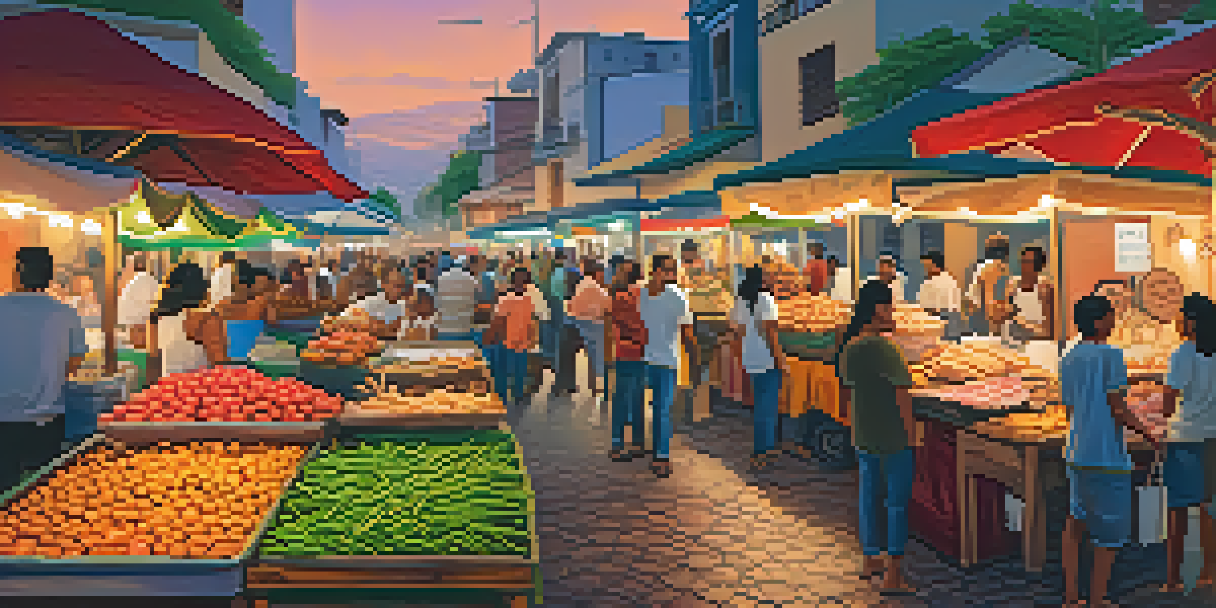 A lively street food market in Salvador, Brazil, with colorful stalls and people enjoying traditional dishes.