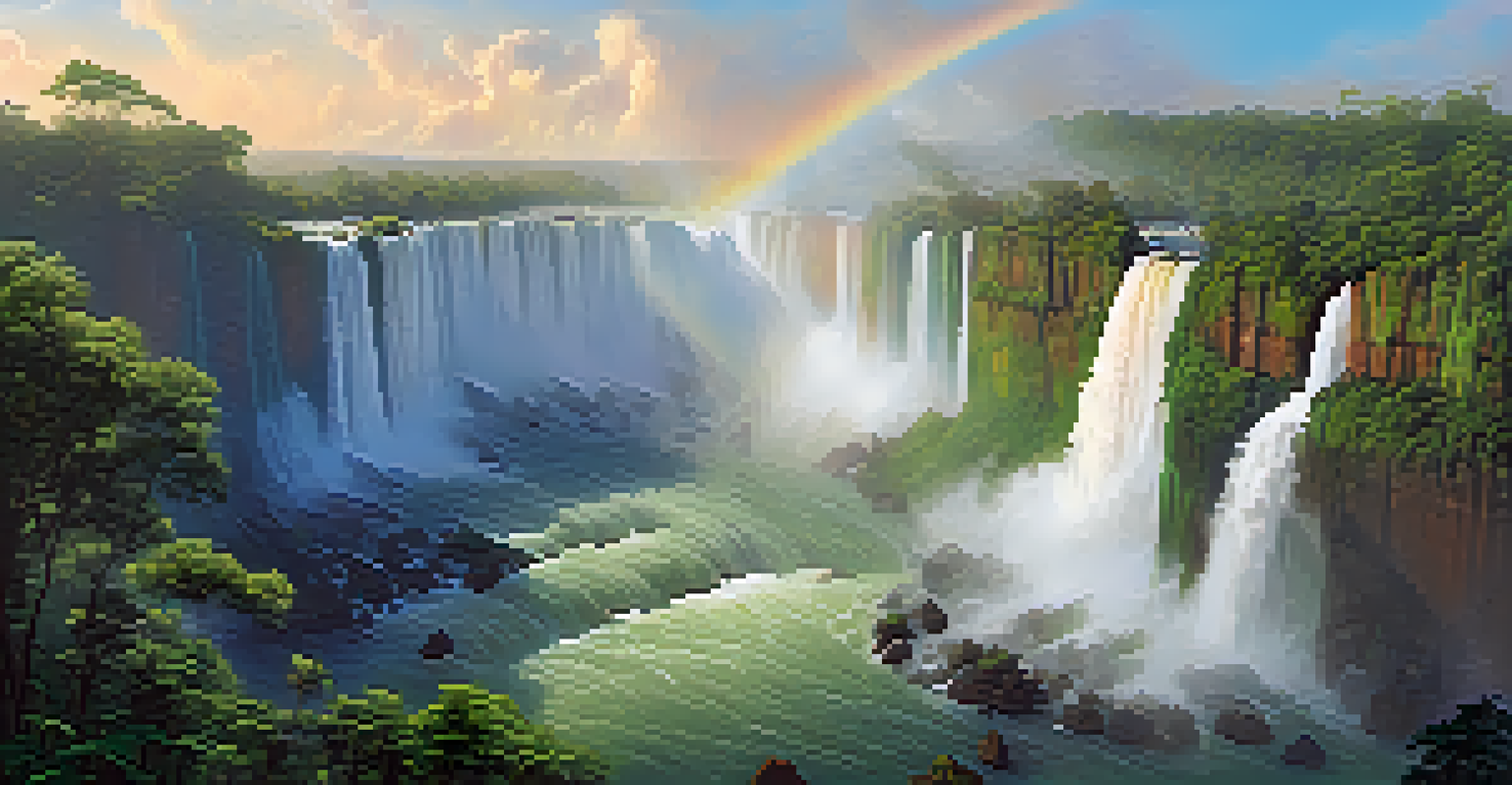 A stunning view of Iguazu Falls with lush greenery and a rainbow in the mist.