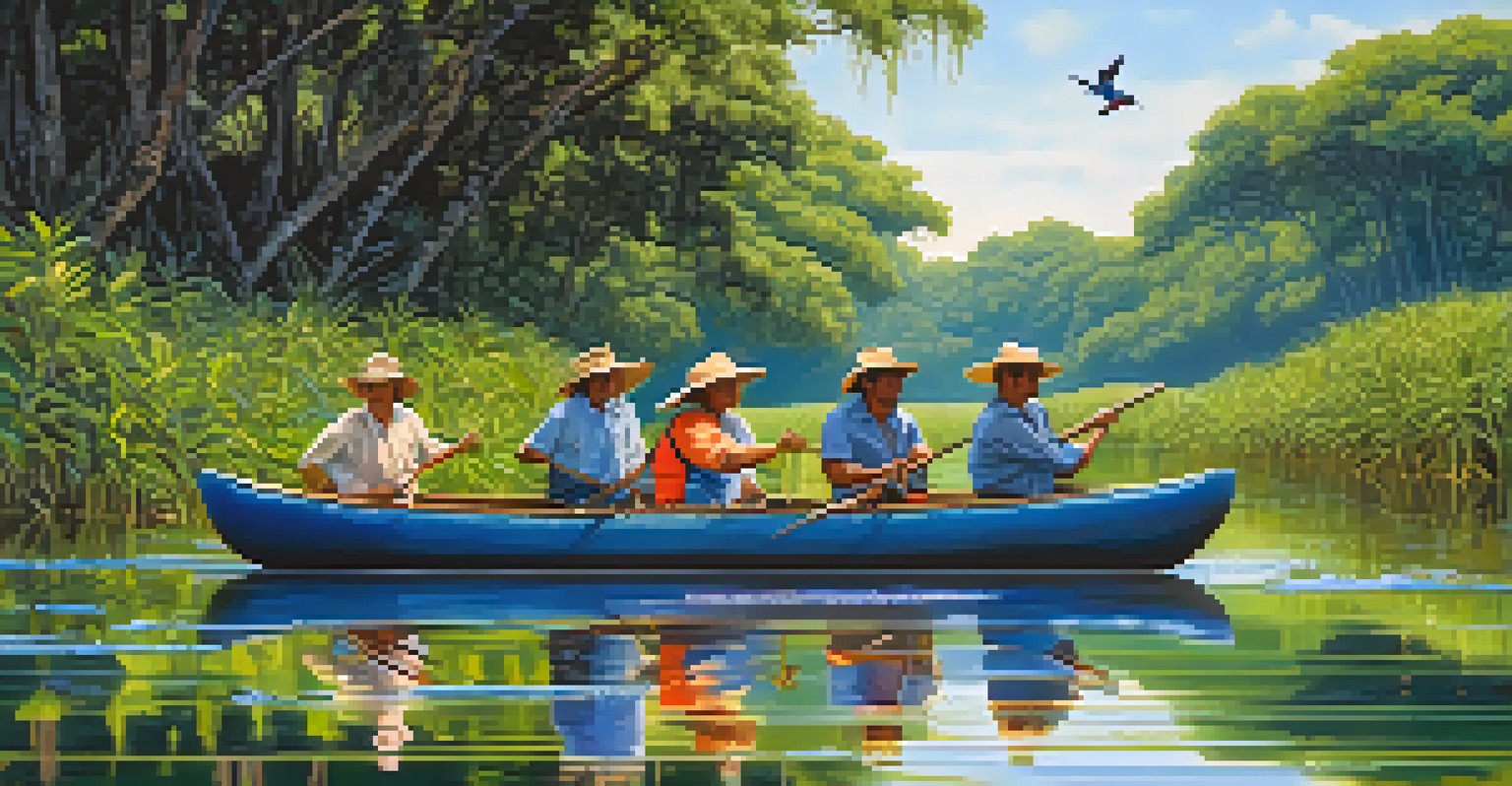 A canoe with birdwatchers in the Pantanal observing a hyacinth macaw, with reflections of greenery in the calm waters.