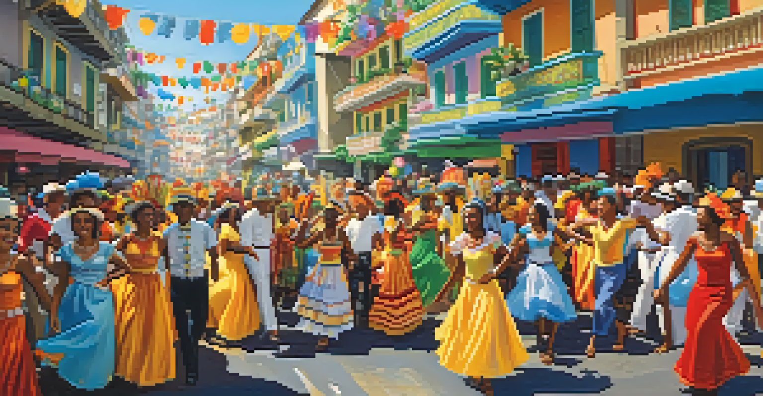 A lively street scene during the Carnival in Salvador, Brazil, with people in colorful costumes dancing and celebrating.