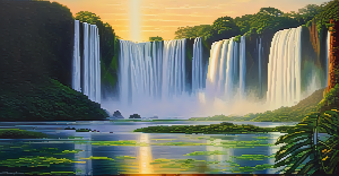 A stunning view of Iguaçu Falls at sunrise, with golden light on the water and lush greenery around.