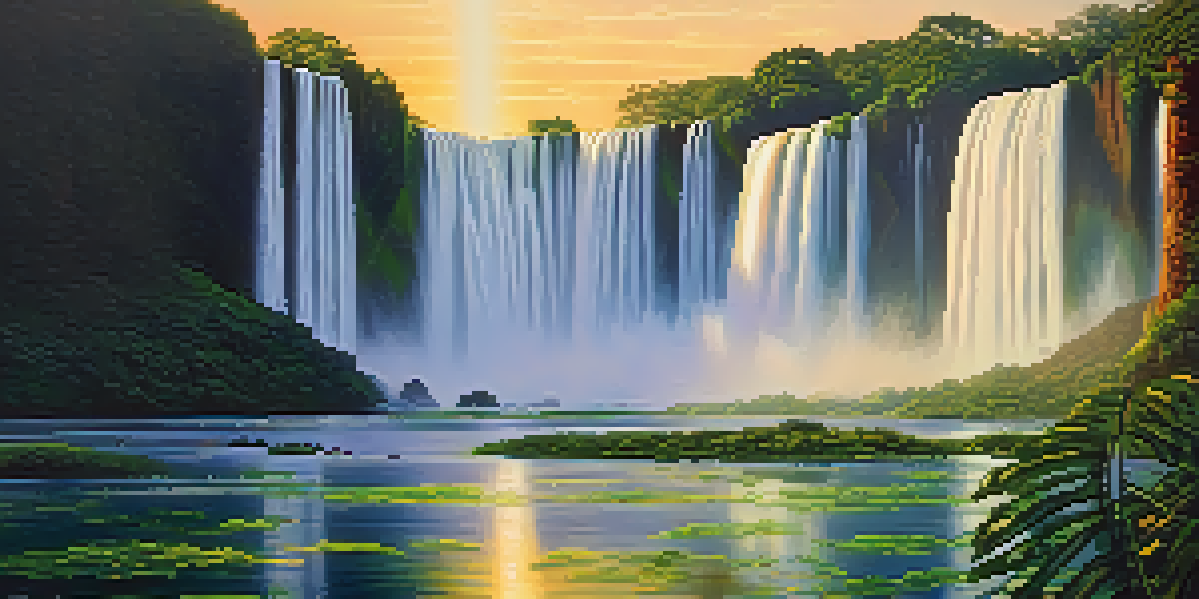 A stunning view of Iguaçu Falls at sunrise, with golden light on the water and lush greenery around.