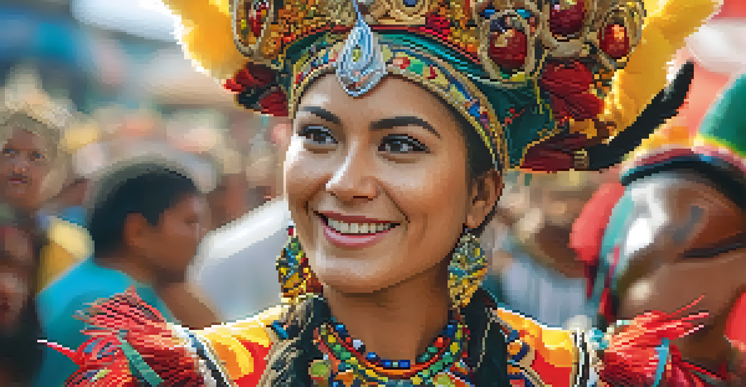 Close-up of a woman in a colorful traditional costume representing 'Catirina', showing excitement and joy during the Bumba Meu Boi festival.