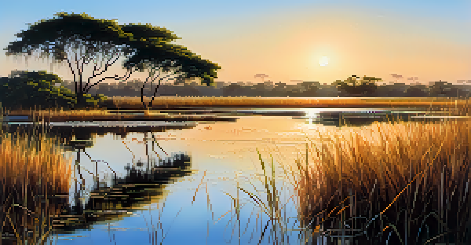 A tranquil scene of the Pantanal wetlands during the dry season, with clear skies, reflections in the water, and wildlife.