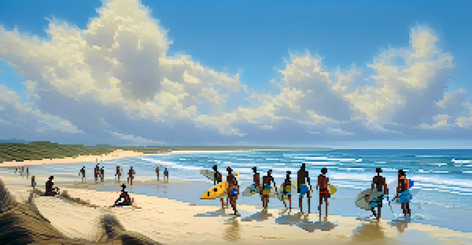 Surfers riding waves at Jericoacoara beach, with bright blue skies and golden dunes in the background.