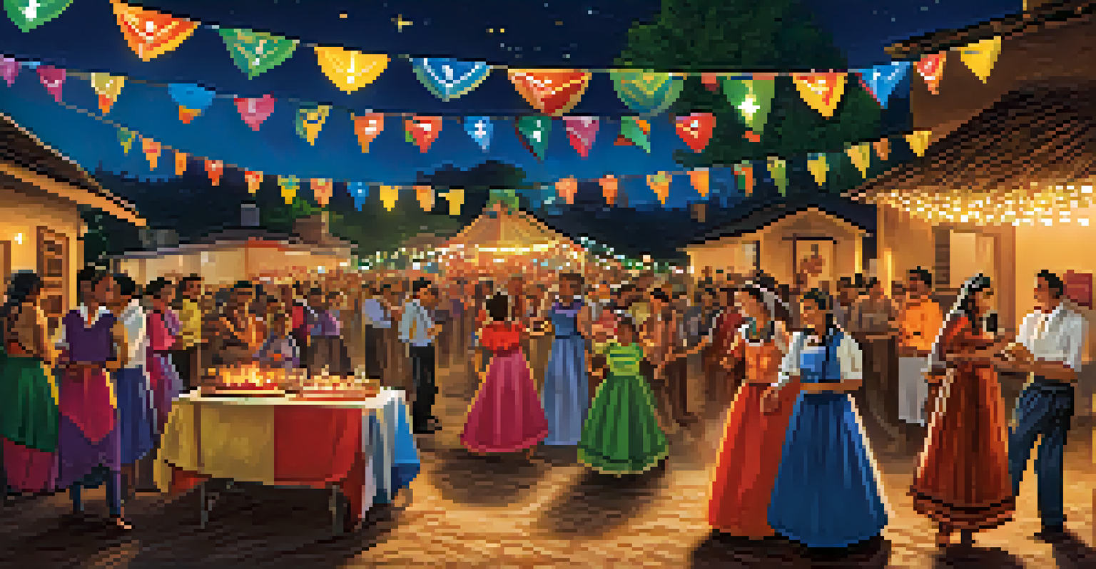 A traditional Festa Junina celebration with people dancing in colorful outfits surrounded by festive decorations, bonfires, and traditional foods in a rural setting under a starry night sky.