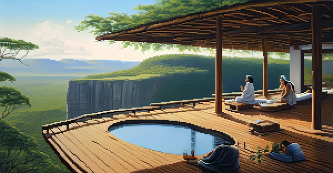 Guests meditating on a wooden deck with a panoramic view of lush hills and rock formations.