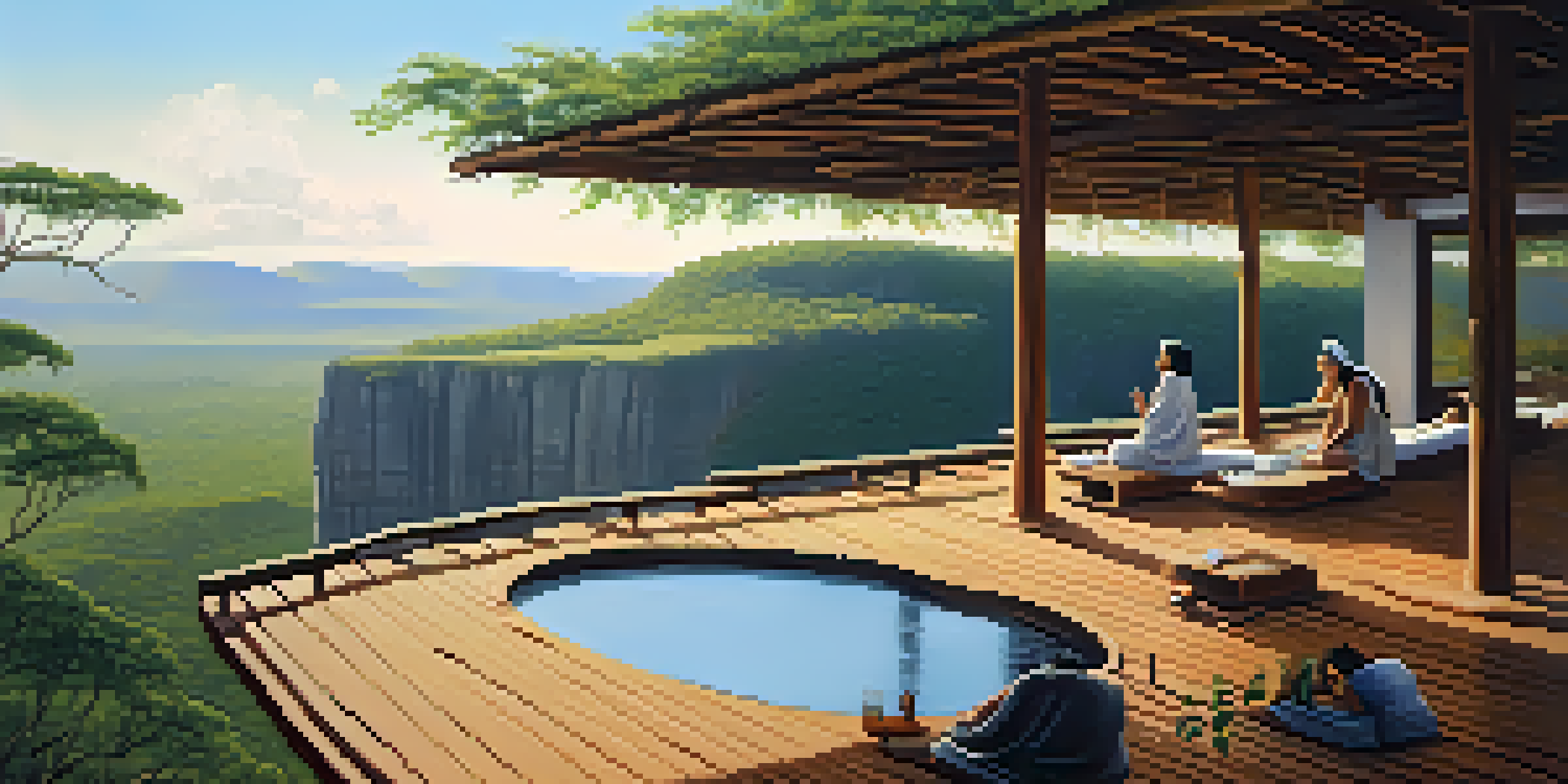 Guests meditating on a wooden deck with a panoramic view of lush hills and rock formations.
