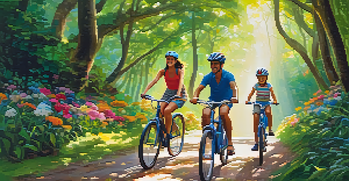 A family enjoying a cycling adventure in a green forest, smiling and riding bikes under the sunlight.