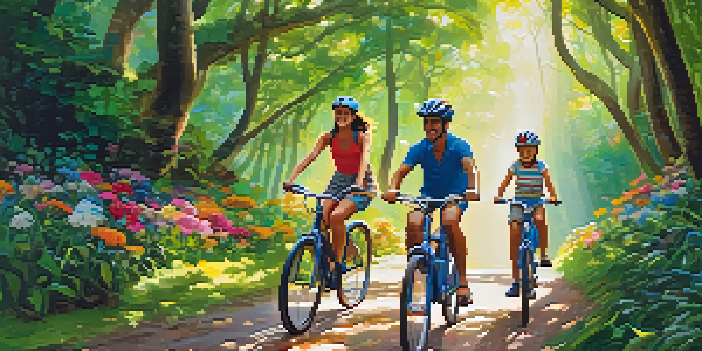 A family enjoying a cycling adventure in a green forest, smiling and riding bikes under the sunlight.