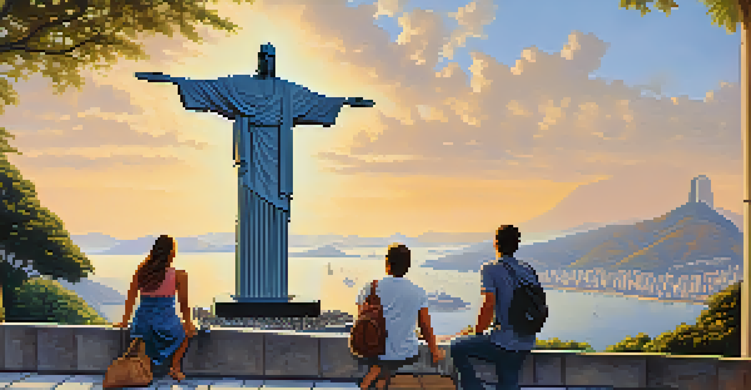 Visitors admiring Christ the Redeemer statue at sunrise, with the city of Rio de Janeiro in the background.