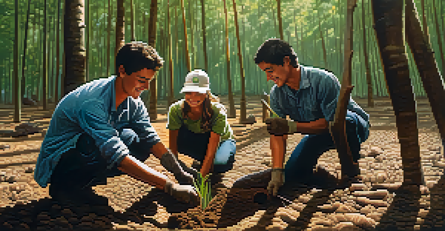 Volunteers planting young trees in a Brazilian forest, smiling and working together, with sunlight filtering through the trees.