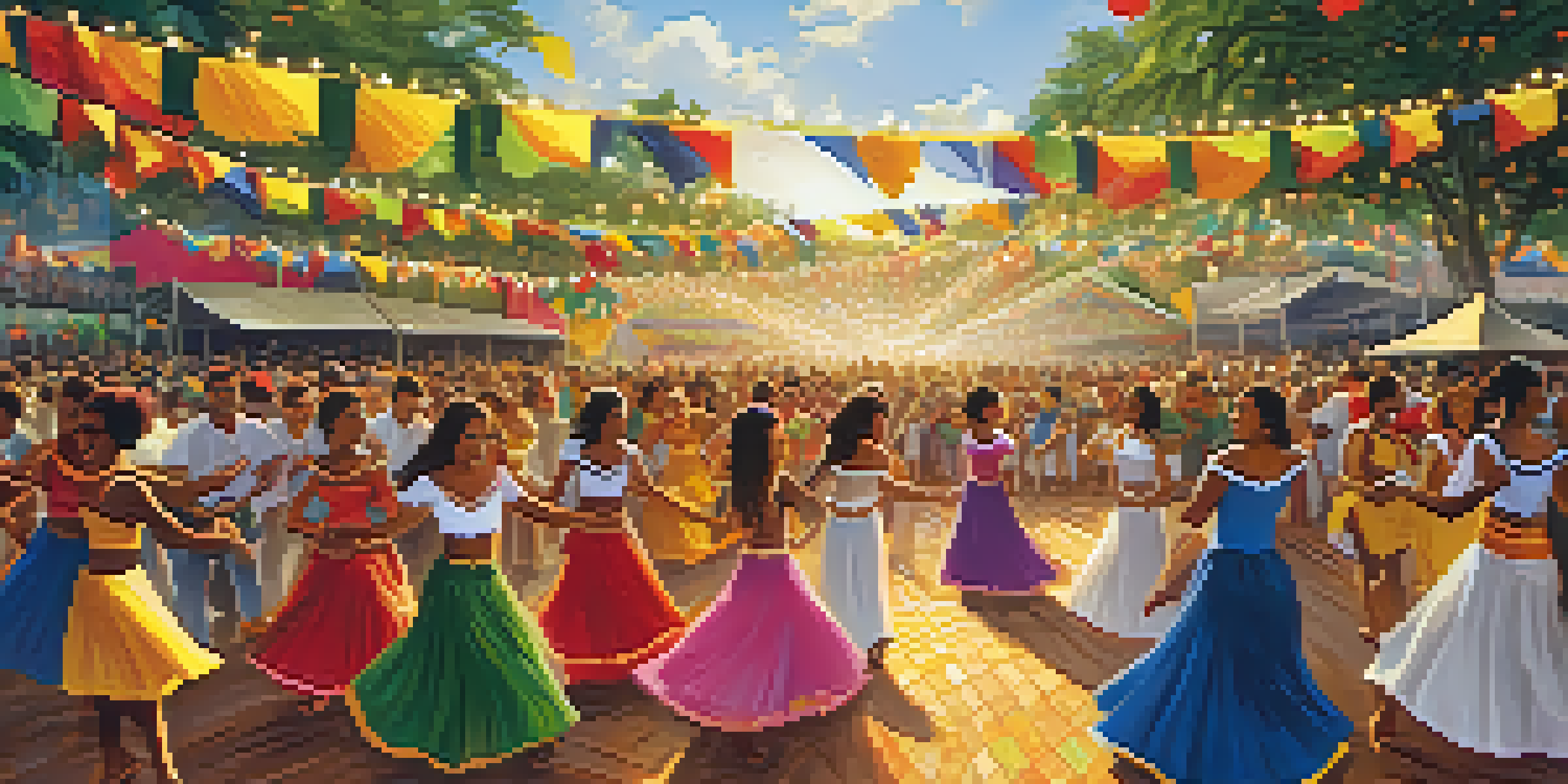 A lively Brazilian folklore festival with dancers in colorful costumes, energetic samba and frevo performers, and a festive crowd amidst lush greenery and decorations.