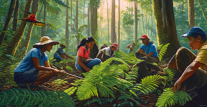 A group of diverse volunteers planting saplings in the Amazon rainforest, surrounded by lush greenery and wildlife.