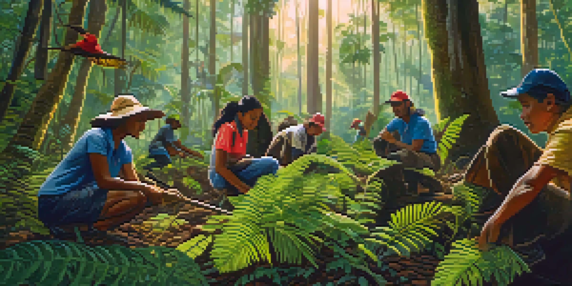 A group of diverse volunteers planting saplings in the Amazon rainforest, surrounded by lush greenery and wildlife.
