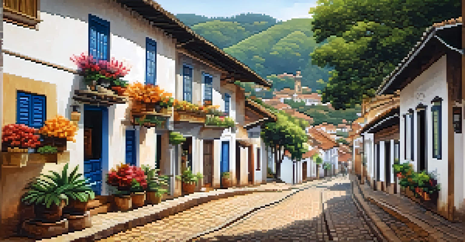 A lively street scene in Tiradentes, Brazil, showcasing colonial homes, artisan shops, and visitors enjoying local food at cafes.