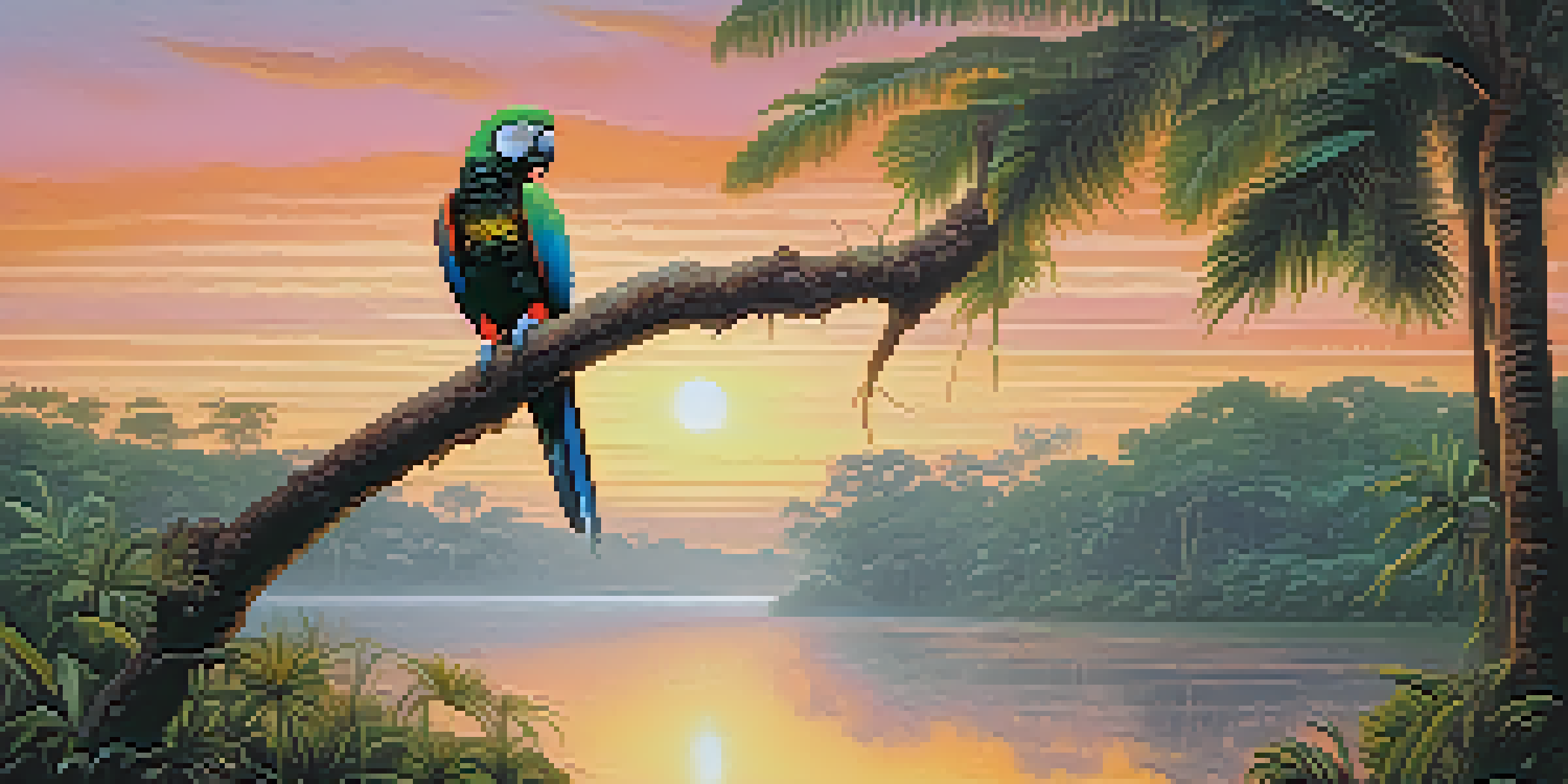 A peaceful Amazon rainforest at dawn with tall trees, mist, and a river reflecting the sunrise colors, featuring a colorful parrot.