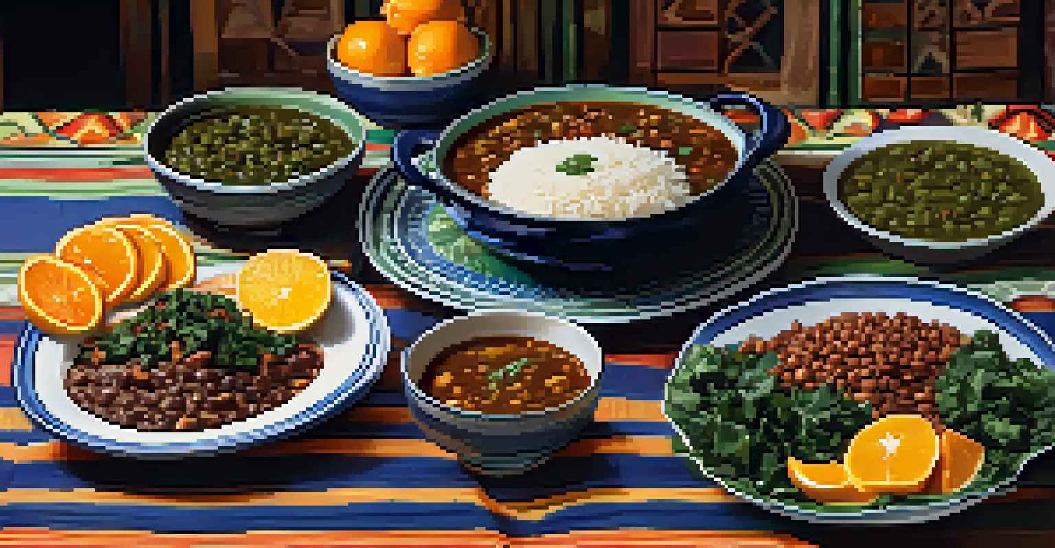 A traditional Brazilian family meal table with feijoada, rice, collard greens, and orange slices, all set in a warm and inviting atmosphere.