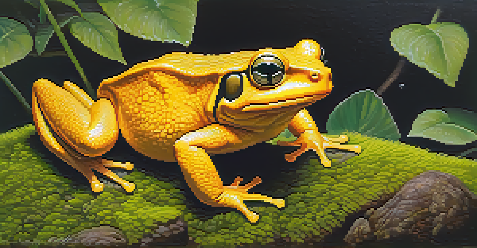 A close-up of a golden toad on a moss-covered rock in the Atlantic Forest, showcasing its bright yellow skin against the green background.