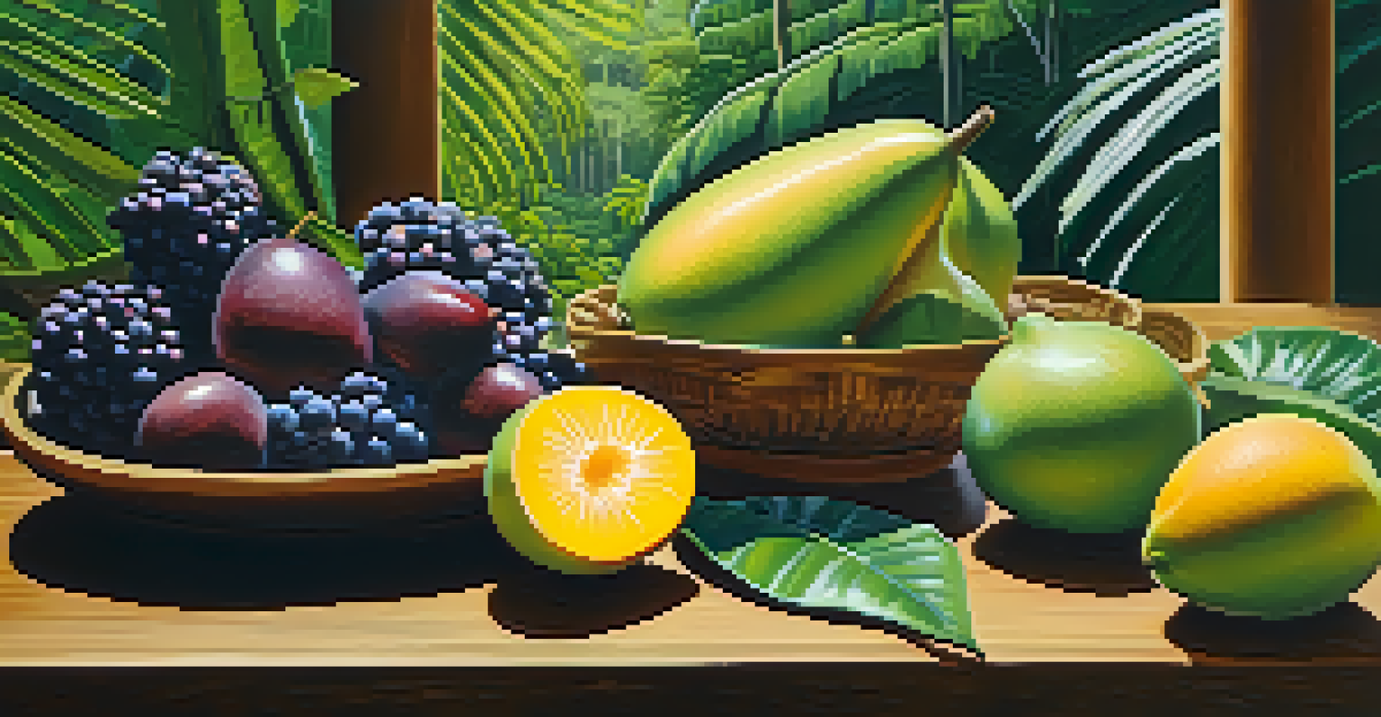A serene Amazon rainforest setting with exotic fruits arranged on a wooden table, surrounded by lush greenery.