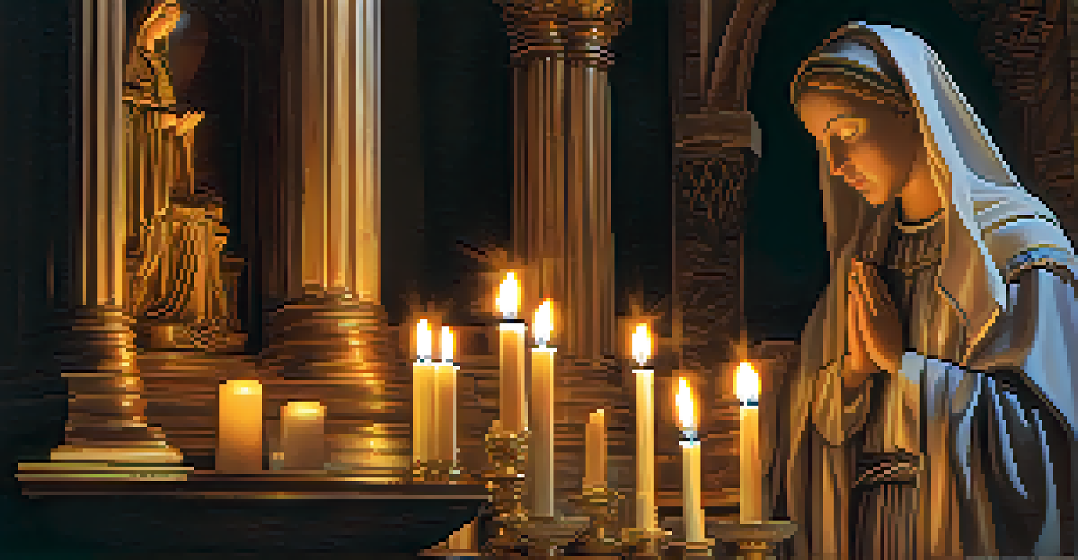 Close-up of hands lighting candles in front of the Virgin Mary statue in the sanctuary, highlighting the warm glow and intricate details.