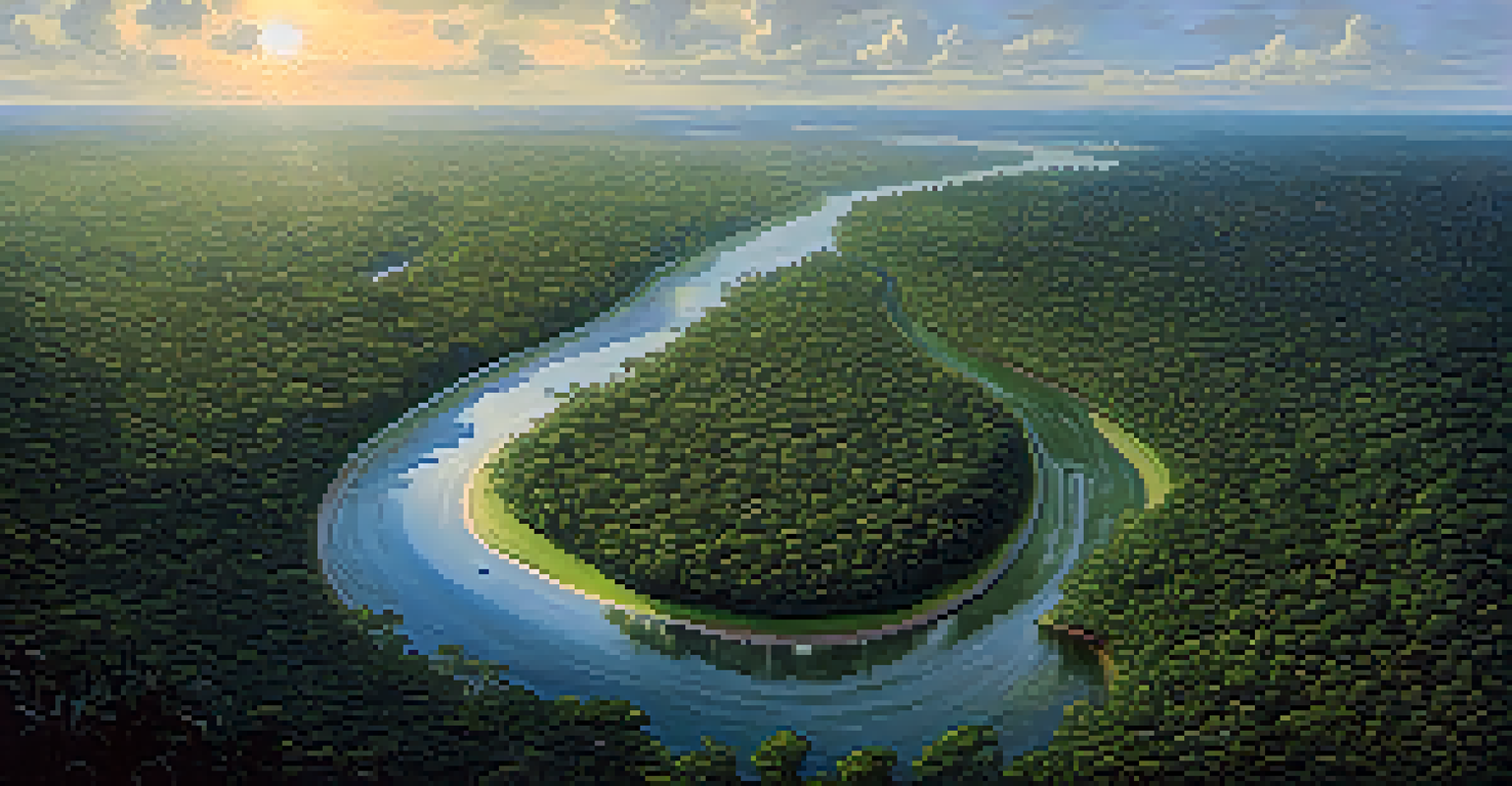 An aerial view of the Amazon rainforest with dense trees, winding rivers, and sunlight filtering through the canopy.