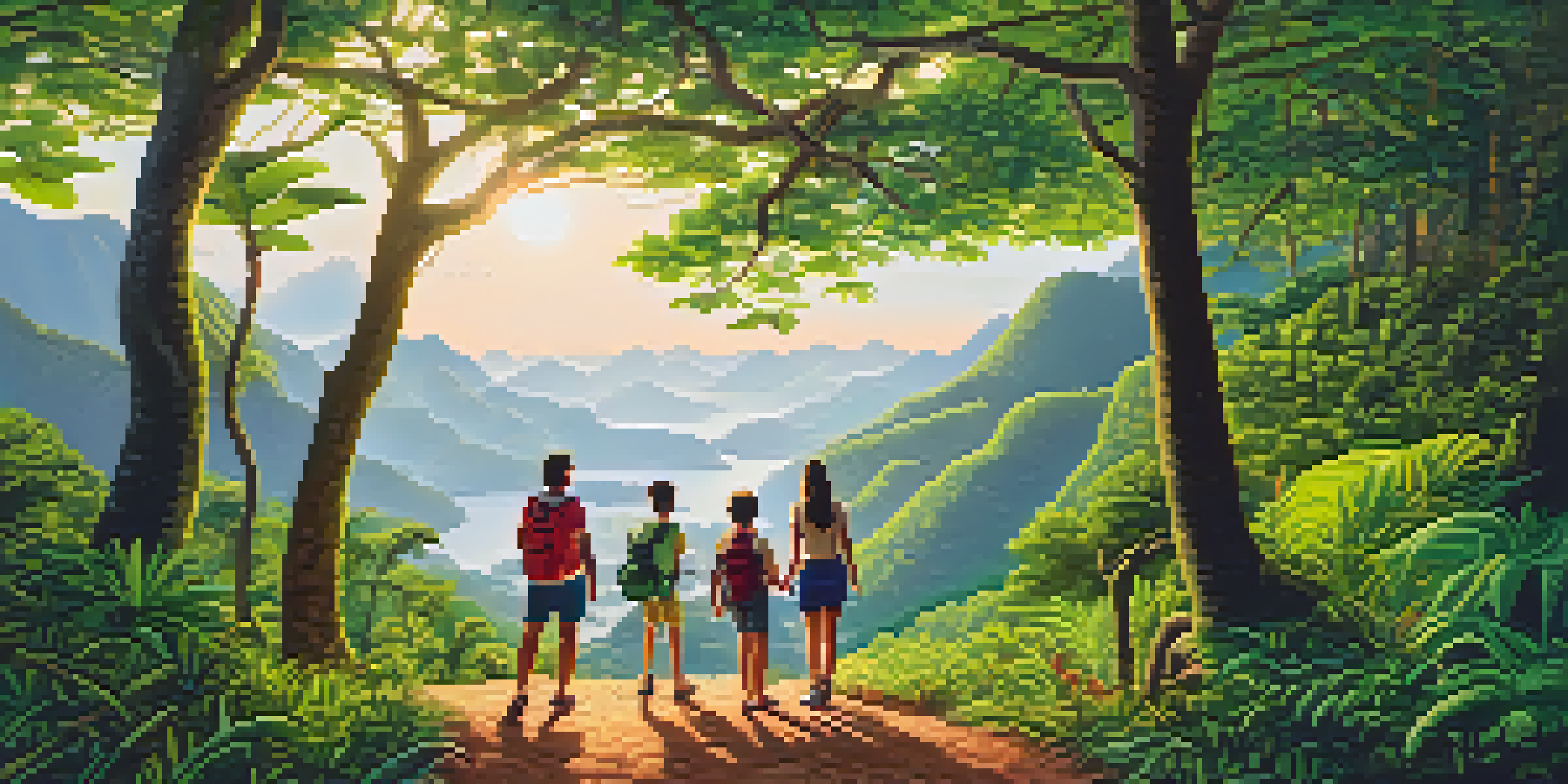 A family hiking on a green trail in Tijuca National Park with sunlight filtering through the leaves.