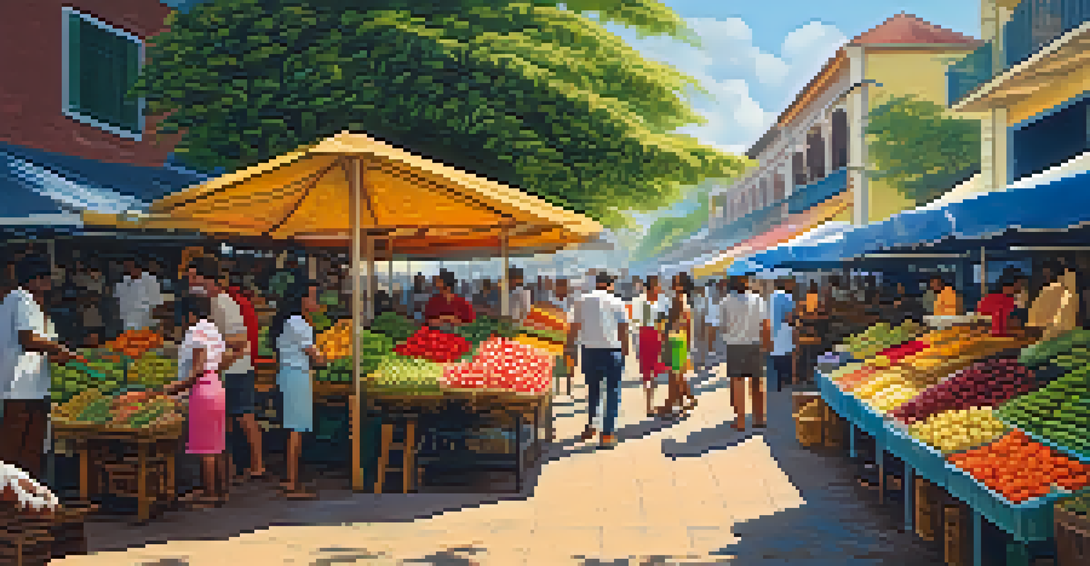 A lively Brazilian market filled with colorful fruits, vegetables, and locals interacting.
