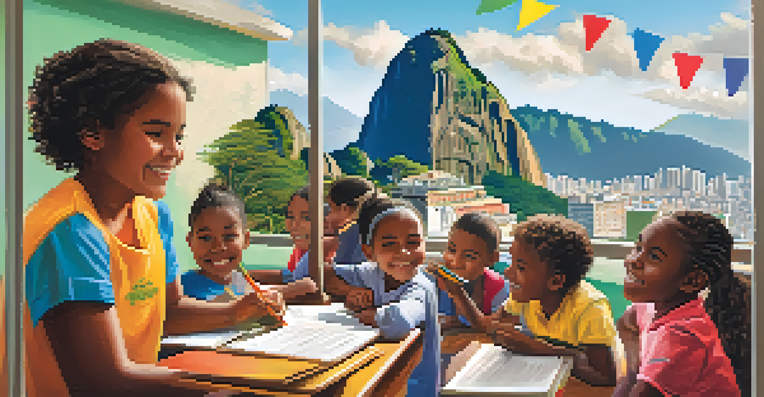 A volunteer teaching children in a colorful urban classroom in Rio de Janeiro, with Sugarloaf Mountain visible outside the window.