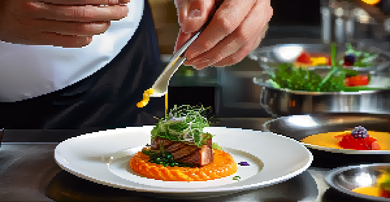 A chef plating a gourmet dish with vibrant colors and textures, with the kitchen background blurred.