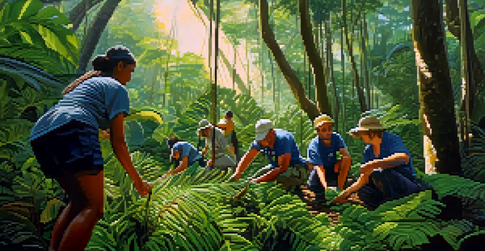 Diverse volunteers planting trees in a green Brazilian rainforest with sunlight filtering through the leaves.