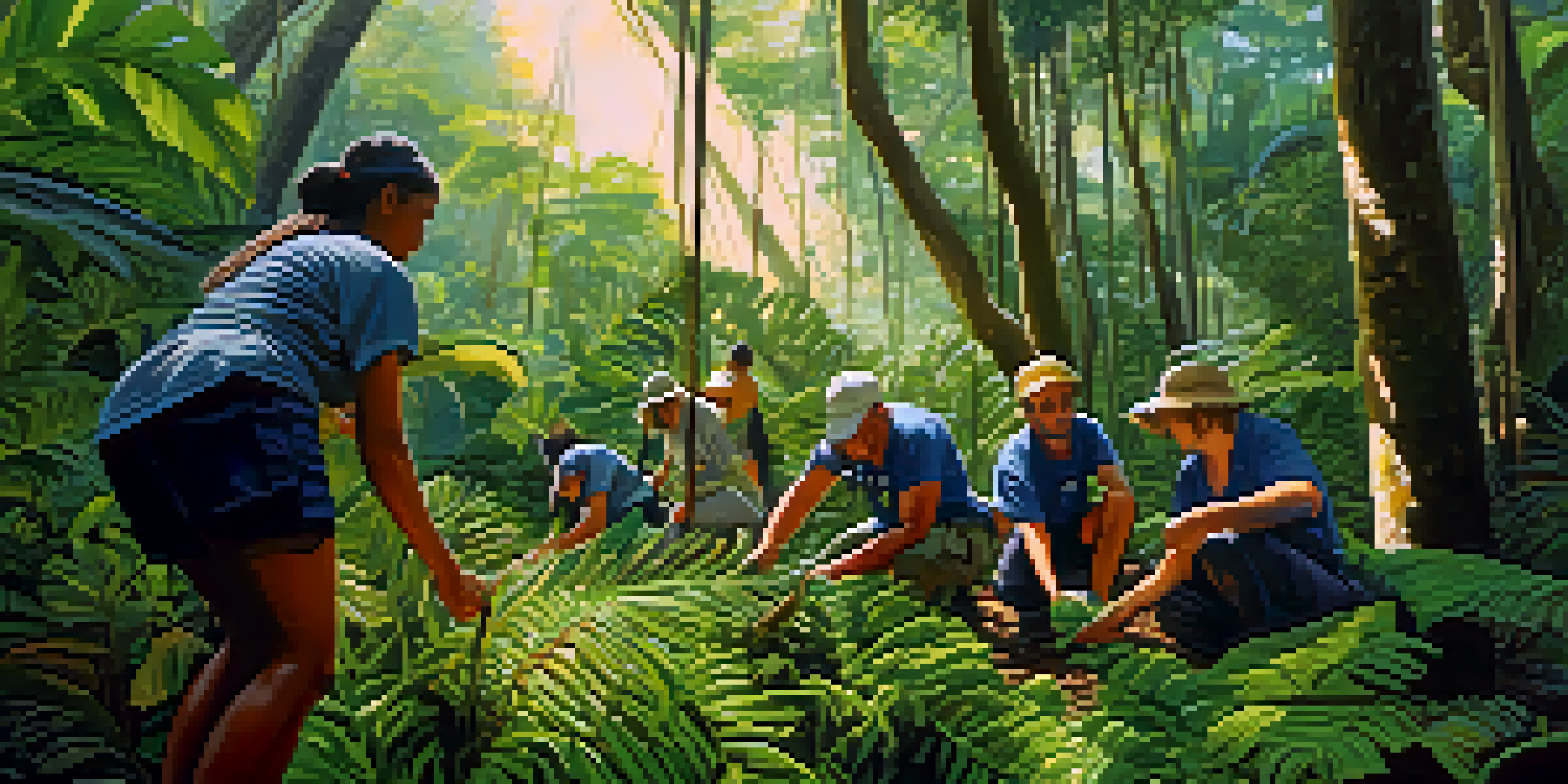 Diverse volunteers planting trees in a green Brazilian rainforest with sunlight filtering through the leaves.