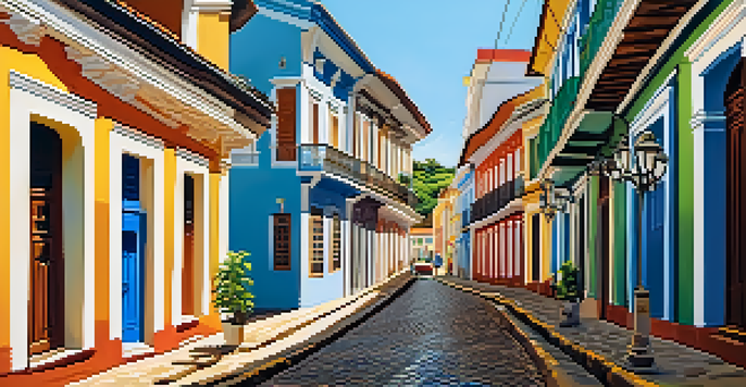 A colorful and lively street scene in Pelourinho, Salvador, with families walking along cobblestone streets and enjoying music and art.
