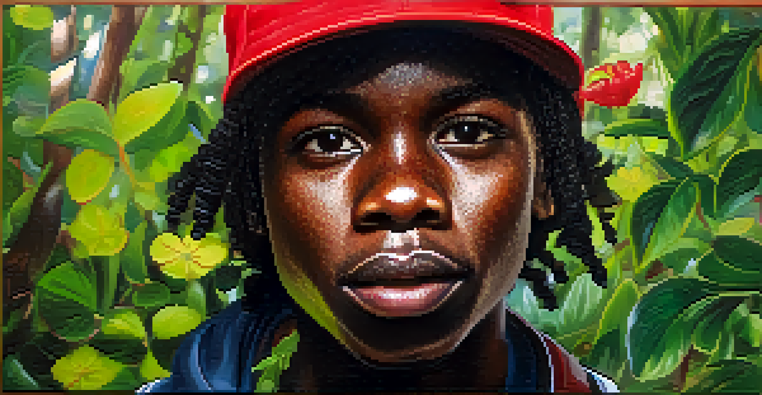 A close-up portrait of Saci Pererê, a mischievous one-legged boy with a red cap and a playful expression against a blurred forest background.