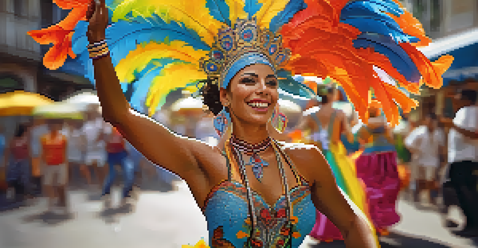 A close-up portrait of a samba dancer in traditional attire, set against a blurred festival background in Rio de Janeiro.