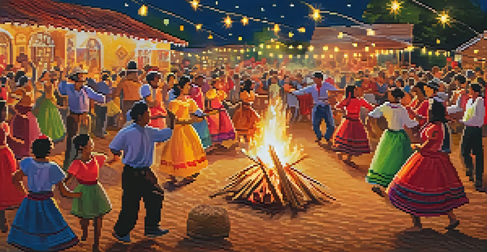 Participants in colorful costumes dancing around a bonfire at Festa Junina, with traditional foods on tables and festive decorations in the background.