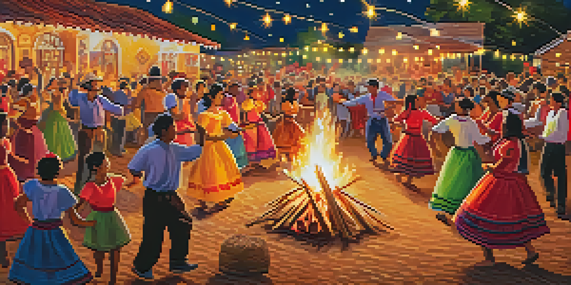 Participants in colorful costumes dancing around a bonfire at Festa Junina, with traditional foods on tables and festive decorations in the background.