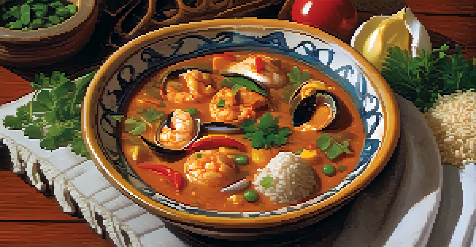 A colorful bowl of Bahian seafood stew, Moqueca, served with rice and garnished with herbs, displayed on a rustic table.
