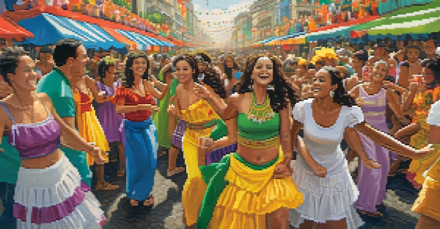 A festive scene during Rio's Carnival with people dancing and enjoying traditional Brazilian food.