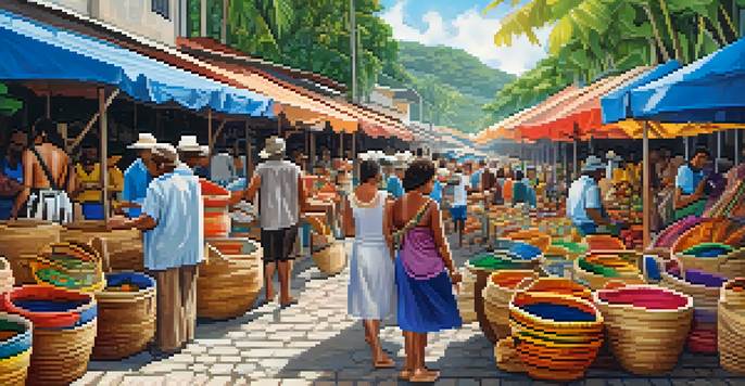 A lively artisan market in Salvador, Brazil, with colorful stalls and artisans creating crafts, surrounded by tropical greenery.