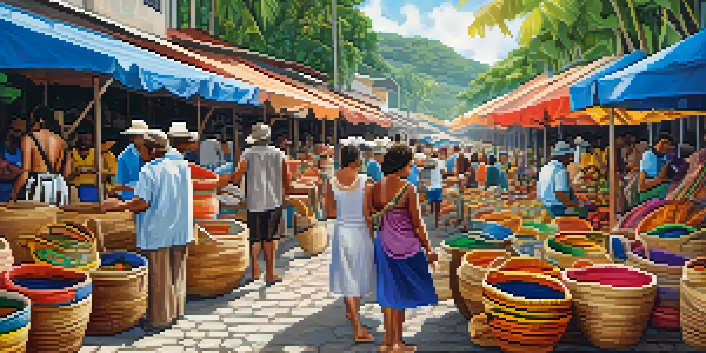 A lively artisan market in Salvador, Brazil, with colorful stalls and artisans creating crafts, surrounded by tropical greenery.