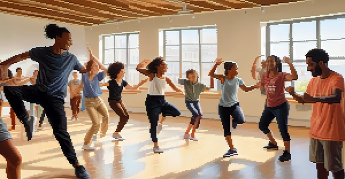 A dance workshop with a diverse group of people learning Axé dance moves in a bright studio.