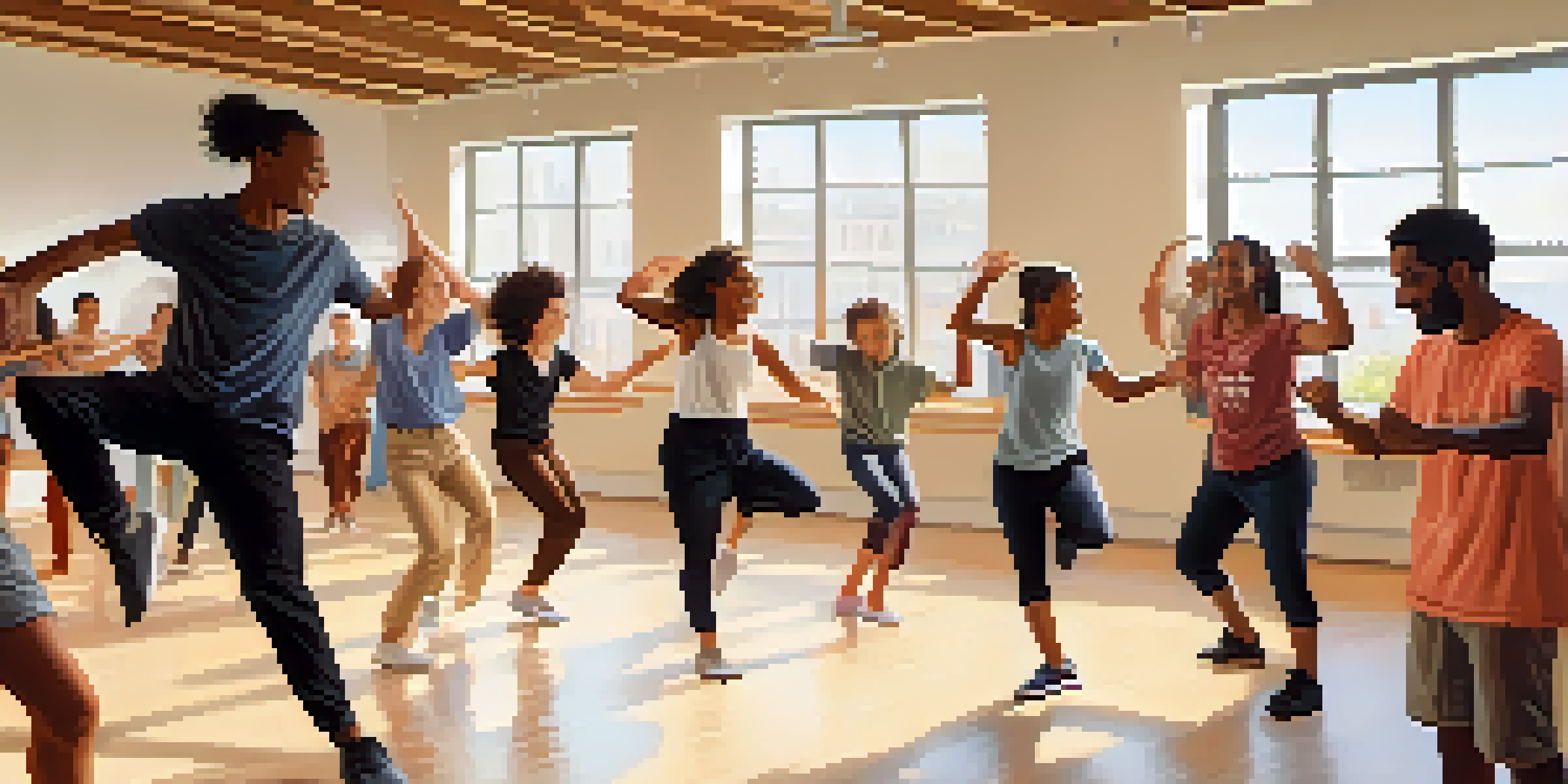 A dance workshop with a diverse group of people learning Axé dance moves in a bright studio.